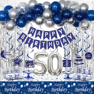 50th Birthday Decorations for Men and Women, Blue & Silver Balloons, Banner, and Party Decor