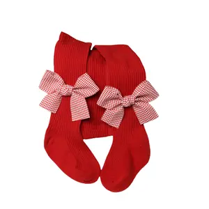 Infant Ribbed Pantyhose Leggings, Girls Stretch Mid-Rise Tights with Bows (Red) For 0-6 Years Kids