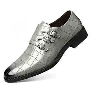 Luxury Gray Crocodile Print Monk Strap Formal Shoes