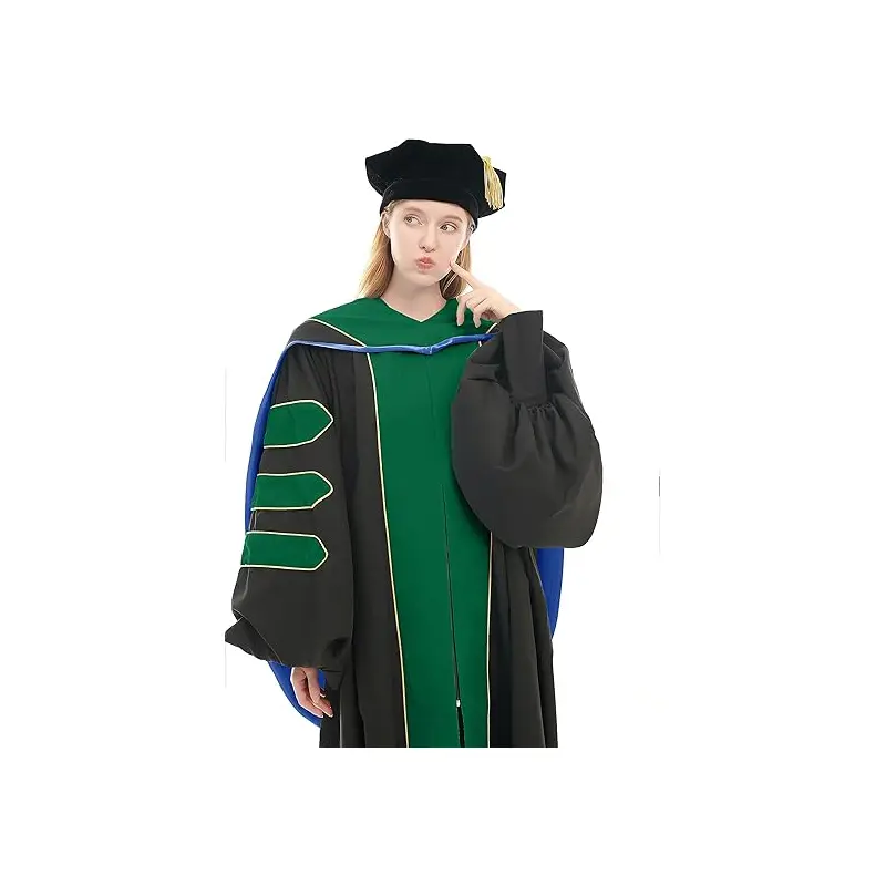 Doctoral Graduation Gown Set for Men and Women with Green Accents - 8-Sided Velvet Tam, Green-Accented PhD Hood, Academic Regalia Robe, Deluxe Quality Clothes Costumes Formal Menswear Student