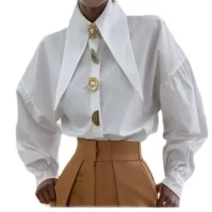 Womens' Newport Long Sleeve Collar Shirt with Gold Button, White Color, Classic Design, Casual Top for Women - Womenswear