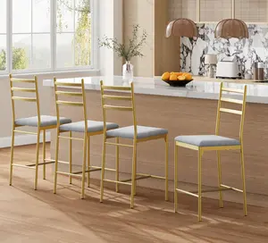 Gold Bar Stools Set of 4, Counter Height Barstools with Footrest and Back, Modern Upholstered Bar Chairs, Metal Bar Stools for Kitchen Counter, Island, Counter Bar