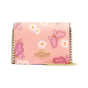 Coach Mini Flap Crossbody Bag with Butterfly Print and Chain Strap in Pink Canvas