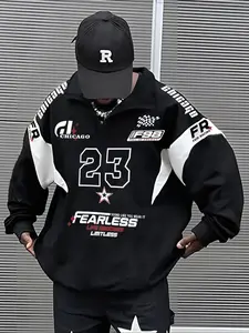 Autumn Winter Retro Racing Style Letter Print High Street Trend Patchwork Stand Collar Sweatshirt, Casual Comfort Warm Wear