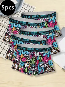 Men's New Boxing Underwear Set, 5-15 Pieces, Soft Comfortable Fabric, Full Body Cartoon Anime Graffiti Design, Trendy Inner Wear