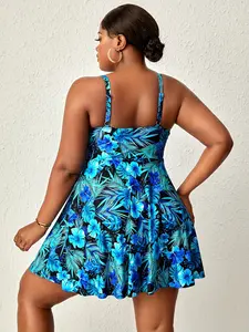 1XL-4XL Plus Size Blue Tropical Floral Swim Dress with Shorts, 2-Piece, 90% Polyester 10% Spandex
