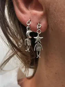Vintage Star Moon Earrings, Retro Design Distressed Finish Ear Cuffs, Simple Creative Unique Women's Party Vacation Metal Studs, Dangle Earrings