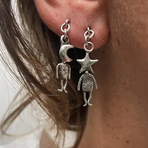 Vintage Star Moon Earrings, Retro Design Distressed Finish Ear Cuffs, Simple Creative Unique Women's Party Vacation Metal Studs, Dangle Earrings, Earrings Dangling