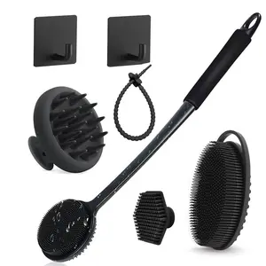 Silicone Body Brush Bath Set, Long Handle Back Scrubber, Shower Cleaning Brush, Head Wash Brush, Face Cleansing Brush, Includes Hook