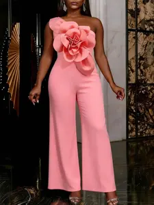Women One Shoulder Jumpsuit Big Flowers Long Sexy Backless High Waist  Wide Leg Straight One Piece Classy Evening Party Rompers