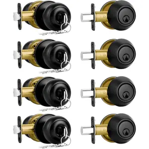 4 Pack Front Door Lock Set, Matte Black Exterior Door Lock Set with Deadbolt, Single Cylinder Deadbolt Lock and Door Knob Set, Keyed Alike Door Knob with Lock&Keys, Round Ball Entry Door Lockset