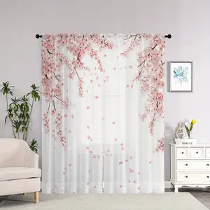 2-Pack Cherry Blossom Sheer Curtains - Pink Floral Print, Rod Pocket Design, Lightweight Polyester Fabric, Romantic Decor for Living Room & Bedroom, Easy Care Washable, Decorative Window Treatment | Smooth Texture Fabric