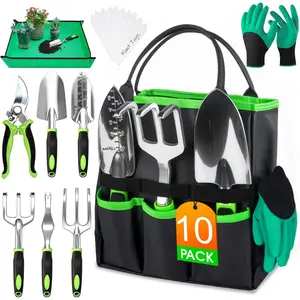 10 PCS Heavy Duty Garden Hand Tools Set with Storage Tote, Rust-Resistant Multifunctional Shovel, Non-Slip Ergonomic Handles, Camping & Hiking Outdoor Gardening Supplies for Planting Portable