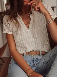 Women's French Vintage Lace Cutout Shirt, V Neck Pearl Button Short Sleeve Top, Summer Vacation Chic Blouse for Girls