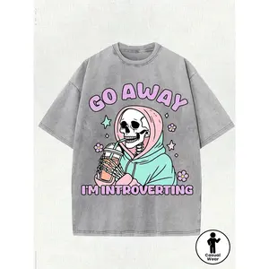 Men's Funny Introvert T-Shirt "Go Away I'm in a Social Panic" - Heavy Washed  Oversized Vintage Streetwear Shirt with Pink & Blue Suitable for Casual Daily Wear, Machine Washable Humorous Design for Introvert Gifts