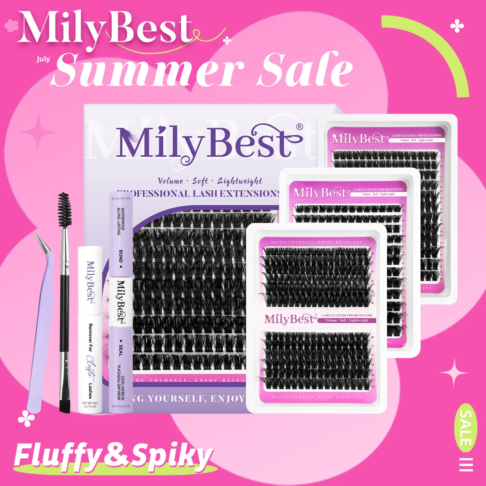 MilyBest 3 Styles Lash Clusters Kit  Mixed Length Individual Eyelash Extensions Kit with Tweezers, Bond & Remover | Professional Self-Grafting False Lashes for Women