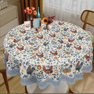 EastJia USA-Made Vintage Rooster Print Polyester Rectangle Tablecloth, Country Farmhouse Floral Design, Classic Blue & Orange, Reusable Washable, Ideal for Indoor Dining, Rustic Holiday Home Decor