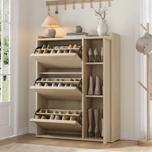 Shoe Cabinet with Flip Drawers & Side Door, Wooden Hidden Shoe Organizer with Adjustable Shelves