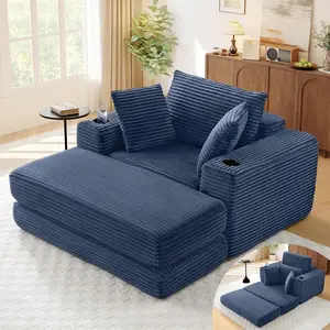 52.4'' Boneless Chaise Lounge Chair Indoor-Oversized Cloud-Like Cozy Comfy Modular 3-in-1 Sofa Bed for Reading, Living Room & Bedroom Corduroy Couch Sleeper,Blue