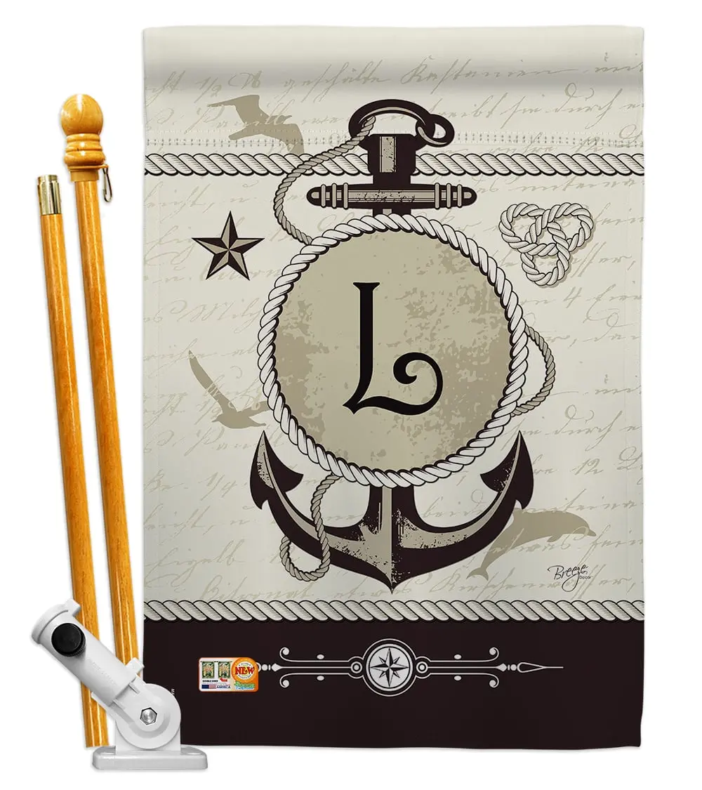 Breeze Decor 28"x40" Double-Sided Nautical L Initial Coastal Vertical House Flag Set - 1 Pc X Large Wall Mount Flag, Adjustable Angle Pole Bracket Hardware, Fade Resistant, Indoor, Soft to the Touch (BD-NA-HS-130194-IP-BO-D-US14-BD)