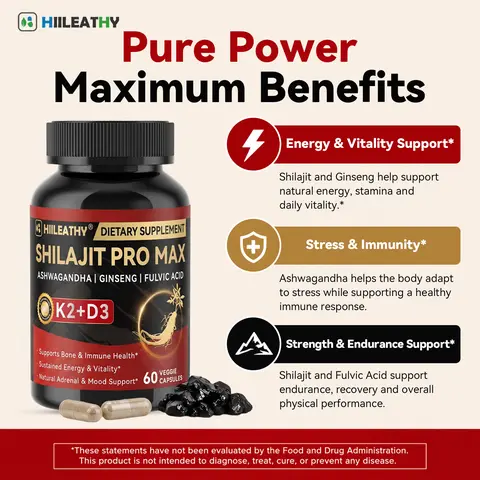 【HIILEATHY】Premium Shilajit Pro Max # - 60 Capsules - Enhanced with K2 + D3 - Packed with 84+ Minerals & Fulvic Acid