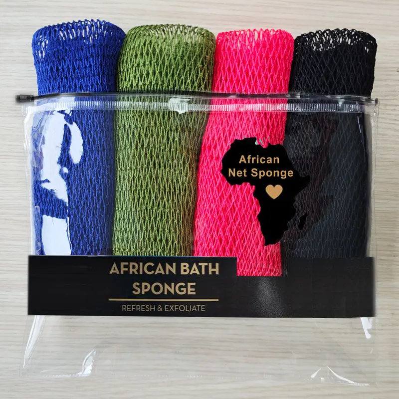 Adult 4-Piece African Net Sponges Bundle - Sensitive Skin Self-Care Bath Accessory, Gentle Scrubbing Exfoliation Body Back Scrubber, Cleaning Boost (Light Green+Purple+Pink+Olive Green)#backtoschool