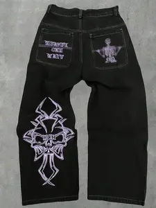 Men's American Retro Style Fitted Jeans, Back Skull Design Straight Leg Pants for All Seasons, Trendy Fashion for Men, Embroidery Jeans