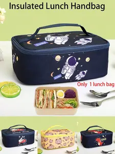 Cartoon Printed Insulated Lunch Tote Bag, Cute Astronaut Animal Pattern Lunch Box for Students and Office Workers, Lightweight Zip Lunch Bag for School, Work and Picnics