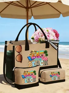 Eat Beach print tote set with two makeup pouches, decorated with dolphin, star, shell, coconut tree and flamingo patterns. Ideal for travel, vacations and weekend trips. Great gift for women, teachers, bridesmaids and students. Comes with a scarf.