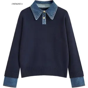 CHENGDEFA Womens Fall Oversized Long Sleeve Sweaters 2 in 1 Denim Panel Lapel Sweater Polo Knit Sweater Tops