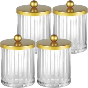 Qtip Holder Dispenser for Bathroom Clear Glass Canister Apothecary Jar for Cotton Swabs Cotton Balls Makeup Pads Floss Picks Container for Countertop Vanity Storage Organizer Gold 4 Pack
