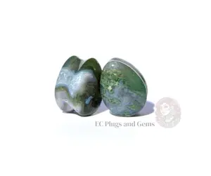 Moss Agate Teardrop Stone Plugs Double Flare Pair 6mm-25mm