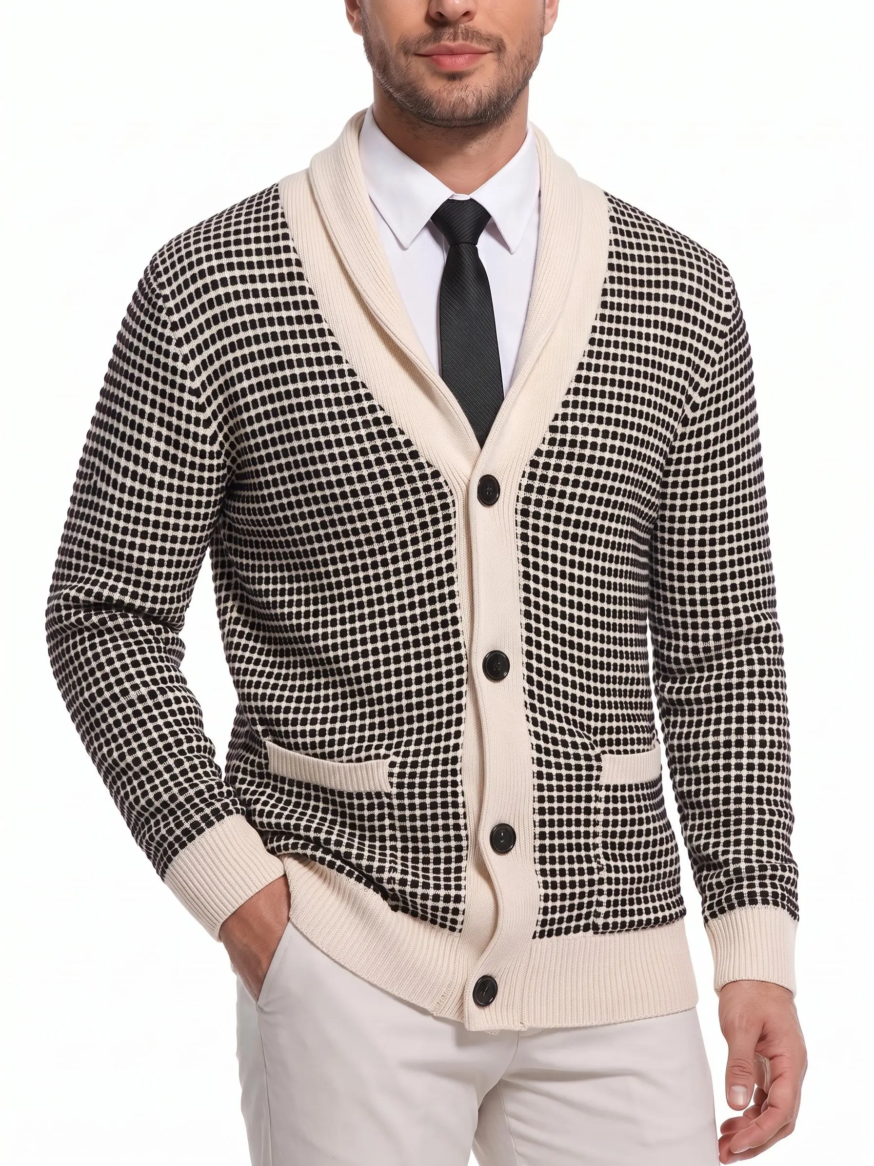 Men’s Shawl Collar Ribbed Plaid Textured Knit Cardigan Sweater - Long Sleeve Button-Front with Pockets, Menswear for Fall Winter Casual, Office Layering, Knitwear, Tops