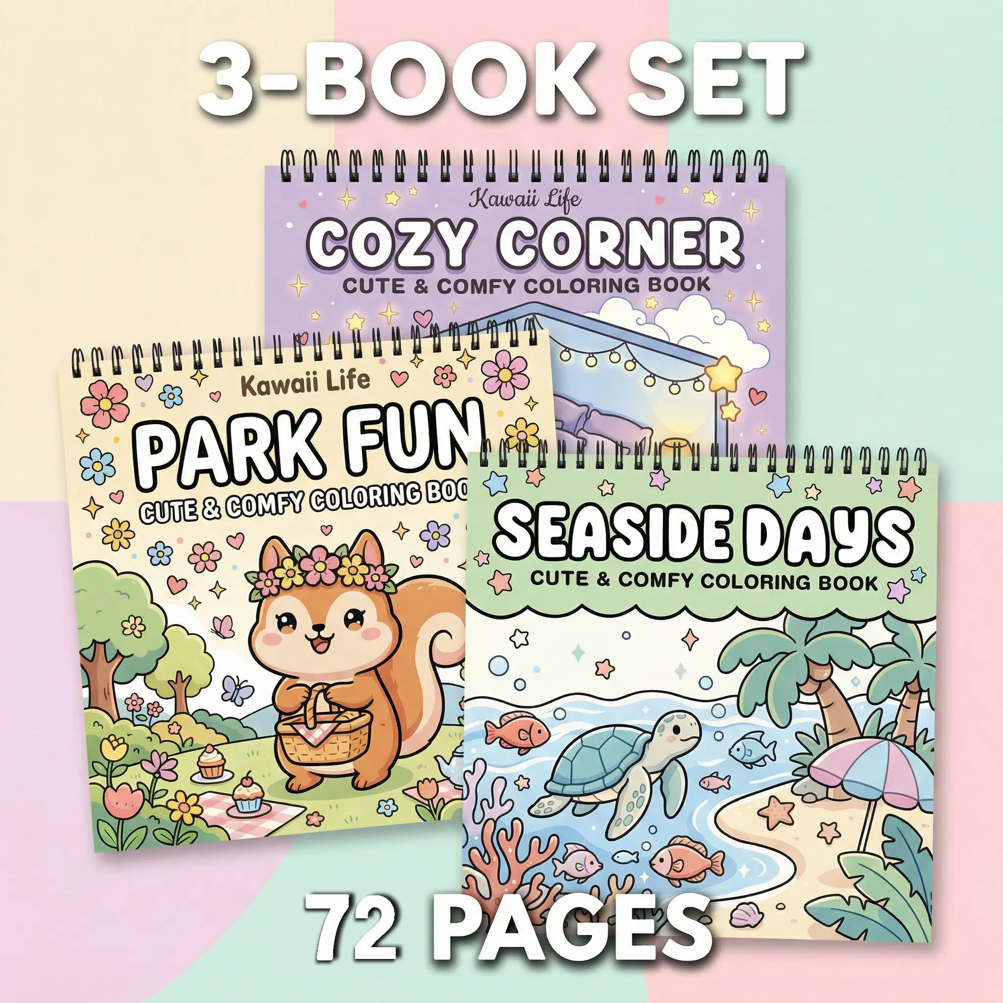 3 Pcs Adult Coloring Books Bundle - Seaside, Park & Cozy Corner Themes, 72 Pages, High-Quality Opaque Super-Sensitive Paper, Clear Lines, Vibrant Illustrations for Enthusiast Relaxation - Stunning Patterns for Decoration, Perfect Gift for Birthdays