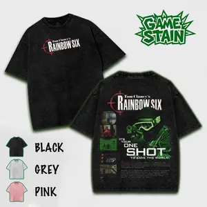 Tom Clancy's Rainbow Six Washed T-Shirt, Hoodies Video Games, Horror Vintage Shirt, Game Fan, Streetwear Tops Black Fabric Menswear Cotton Seamless