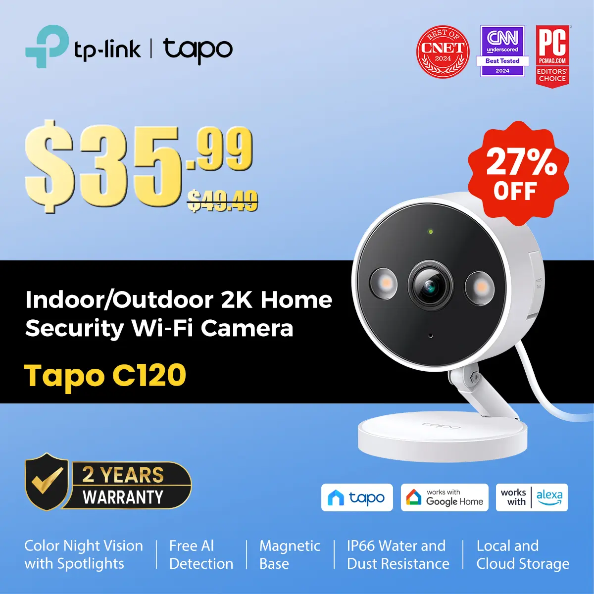 TP-Link & Tapo C120 - 2K QHD Indoor/Outdoor Security Camera with Color Night Vision, Free AI Detection, Baby Monitor, IP66, Dual Spotlights, Local/Cloud Storage