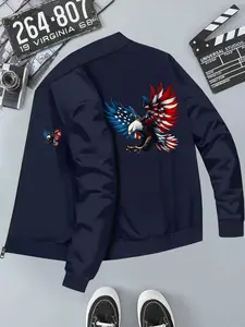 Blue Eagle Print Street Style Baseball Jacket, Long Sleeve Fitted Outerwear for All Seasons, Casual Geometric Pattern Commuter Top