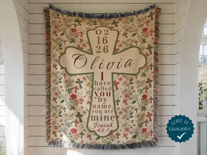 Personalized Christian Baby Blanket, Custom Name Baptism Blanket, Floral Cross Woven Blanket, Baby Girl Christening Blanket