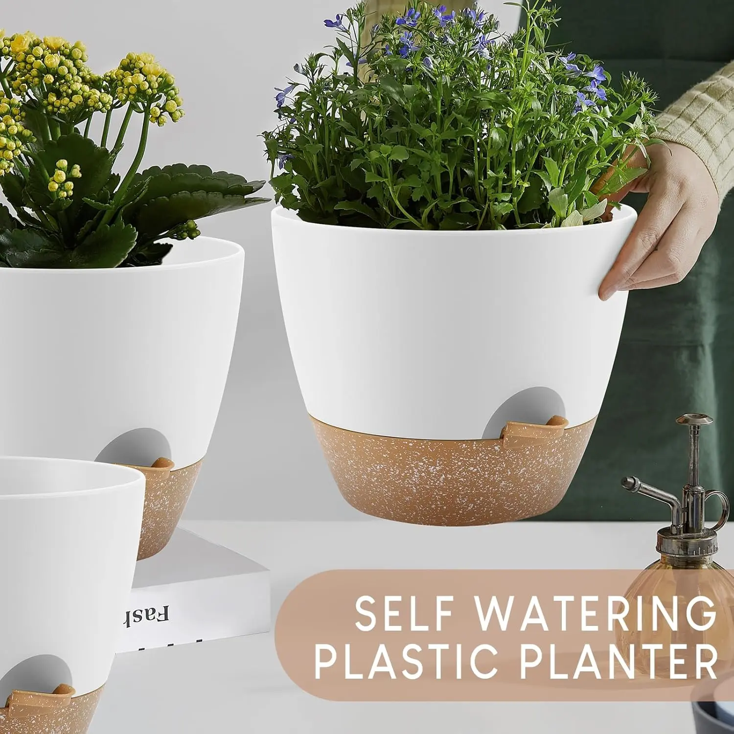 Carbonfree Certified Plastic Plant Pot Set (5-Pack) - Durable Self-Watering Planters (7/6.5/6/5.5/5 In) with Mesh Drainage Holes, Removable Watering Feeder, White, for Houseplants, Succulents, Ideal Gift for Lazy Gardeners