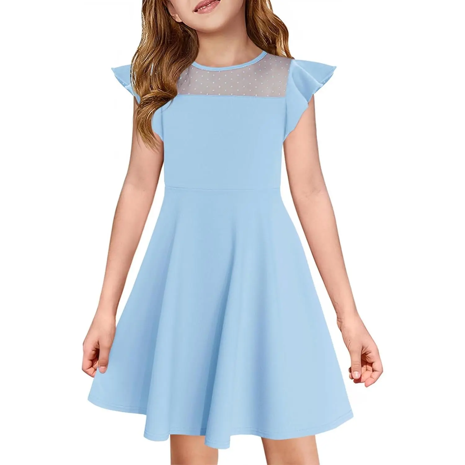 Haloumoning Girls Dress Summer Ruffle Sleeve Mesh A Line Casual Party  Dresses with Pockets for Kids 4-14 Years - TikTok Shop