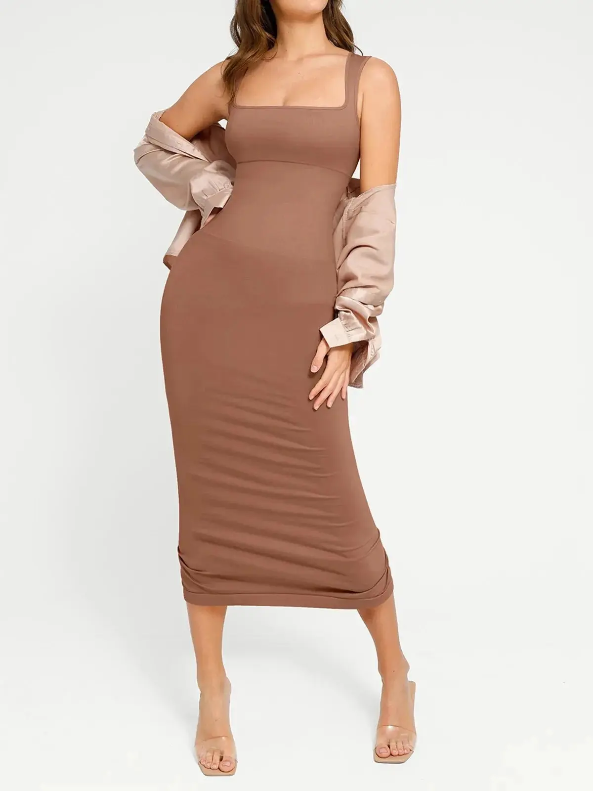 Popilush Women's Shapewear Sleeveless Square Neck Slimming Seamless Dress  Tummy Control Slim Fit Bodycon Dress - TikTok Shop