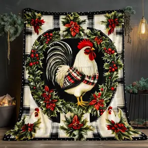 1pc Elegant Floral Rooster & Tartan plaid Christmas Blanket - Lightweight 280gsm Soft Warm Flannel Bedspread/Throw for Sofa, Bed, Travel - All-Season Cozy Home Decor in Red, Green, Golden, Black, White - Ideal for Farmhouse, Living Room, Camping, Off