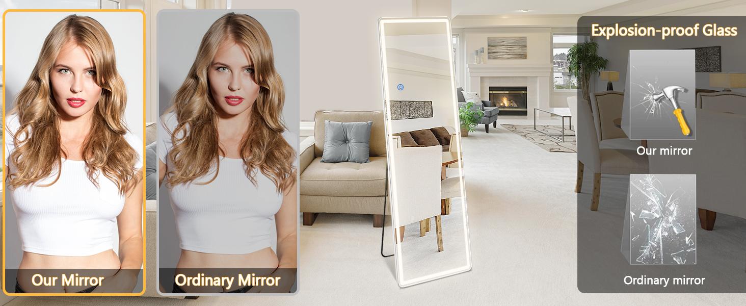 [LIVE5]64"x21"Full Length Mirror with LED Lights,  Lighted Floor Standing Mirror Wall Mounted Hanging Mirror & 3 Color Lighting Decor