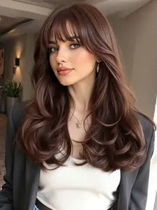 20 Inch Curly Bangs Wig, Natural Style for Women, High-Quality Heat Resistant Synthetic Fiber Wig, Versatile Hairstyle, Natural Looking Wig, Synthetic Material Wigs
