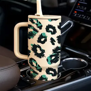 40oz Leopard Print Insulated Tumbler with Handle & Straw, 24H Cold/12H Hot Stainless Steel Travel Mug, Car Cup Holder Friendly, Leakproof Coffee Cup for Gym, Office & Gifting, Trendy Gift for Her