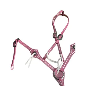 Pink Leather Western Headstall and Breast Collar Tack Set White Buckstitch and Leather Tassels Average Horse Size Vests Pro