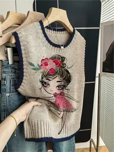 1 piece + Spring/Summer Back-to-School Casual Style Loose Round-neck Sleeveless Knitted Color-Contrasting Dark Blue Embroidered Character Print Floral Women's Knitted Top for Outfits, Women's Outwear, to be paired with a jacket, can be worn alone, Vests