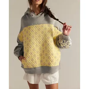 Women’s Fashion Hoodies Long Sleeve Floral Print Quilted Patchwork Sweatshirts Streetwear Tops Casual Birthday