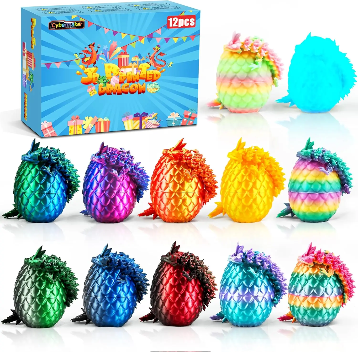 12pcs 3D Printed Bright Mythical Creatures Dragon Eggs, Articulated Dragon Fidget Toys for Desk & House Decoration, Unique Birthday/Father's Day Gift for 8-10 Years Kids, Classroom Prize Collectibles Set