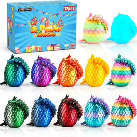 Cybermaker Artificial Glowing 3D Printed Fantasy-Sci-Fi Dragon Eggs Gift Set, 12-Piece Articulated Fidget Toys with 12egg Surprise, Collect All 12, Cool Gifts for 8+ Years Kids, Desk Decor for Boys
